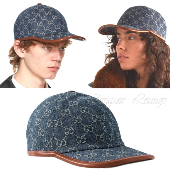 NEW GUCCI GG Monogram Denim Leather Trim Baseball Cap Hat Size M / 58 cm Authent - Picture 1 of 11